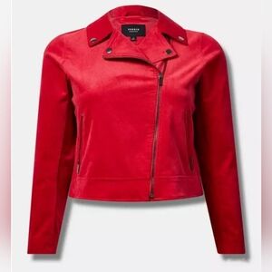 EUC Torrid 2X Bright Red Cotton Blend Velveteen Moto Jacket
